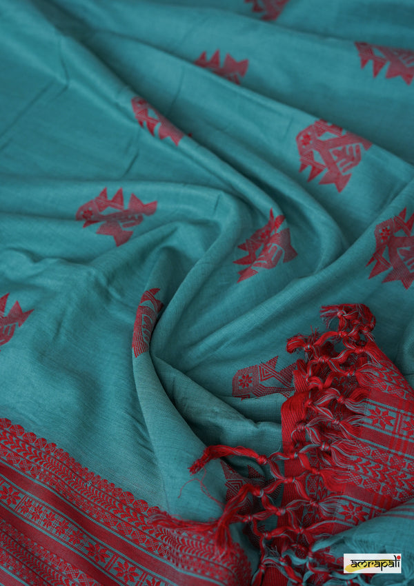 Handwoven Pure Mercerised Cotton with Manipuri Pattern Threadwork - Teal