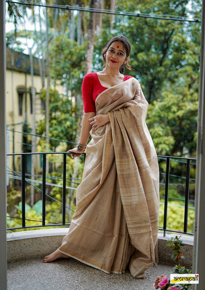 Pure Tussar with Gold Zari Pinstripes