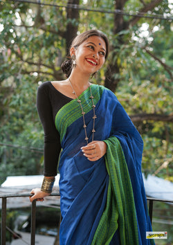 Handwoven Pure Mercerised Cotton with Manipuri Pattern Threadwork - Royal Blue