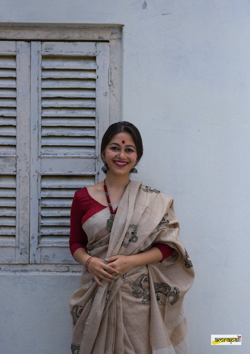 Handwoven Pure Tussar with Embroidered Kalamkari Face Motifs