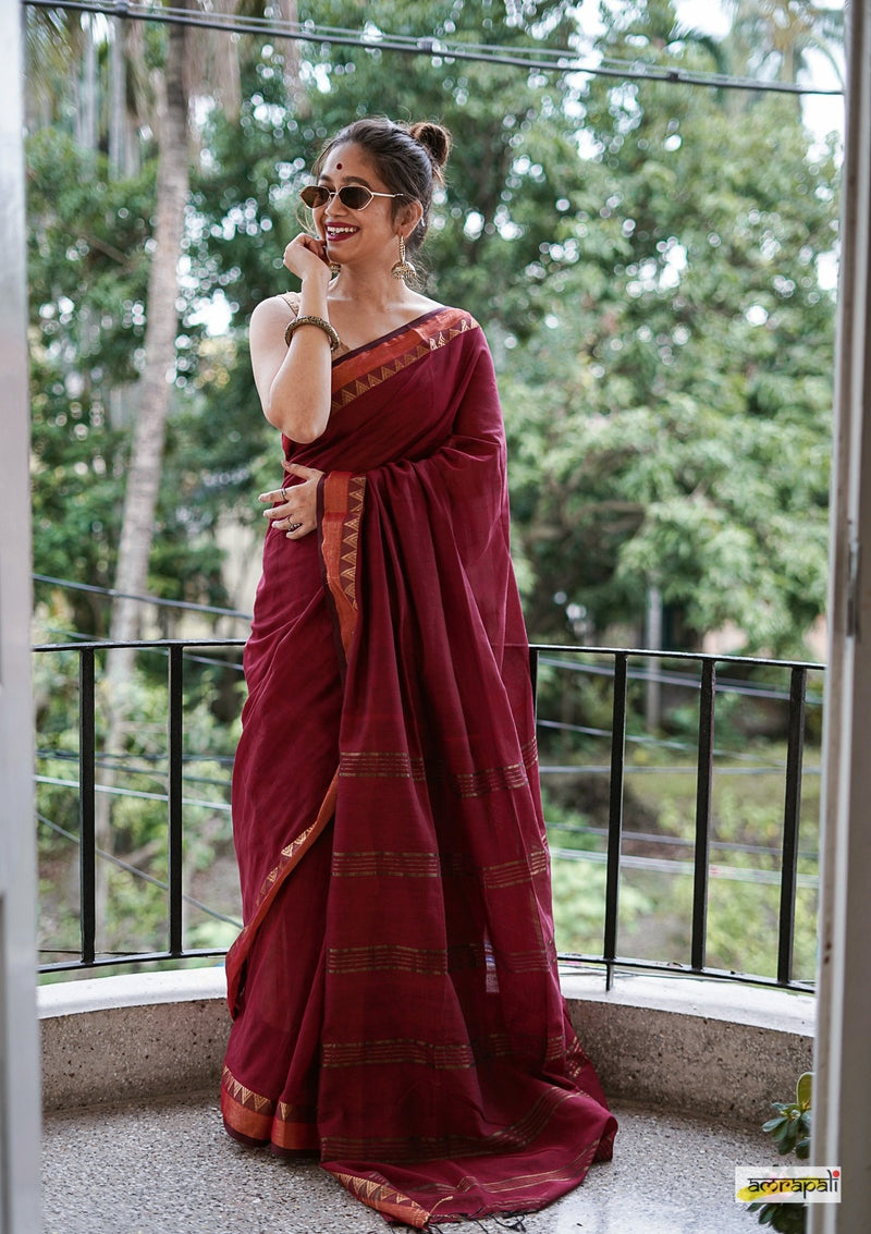 Maroon Cotton saree with Woven Gold Temple Border