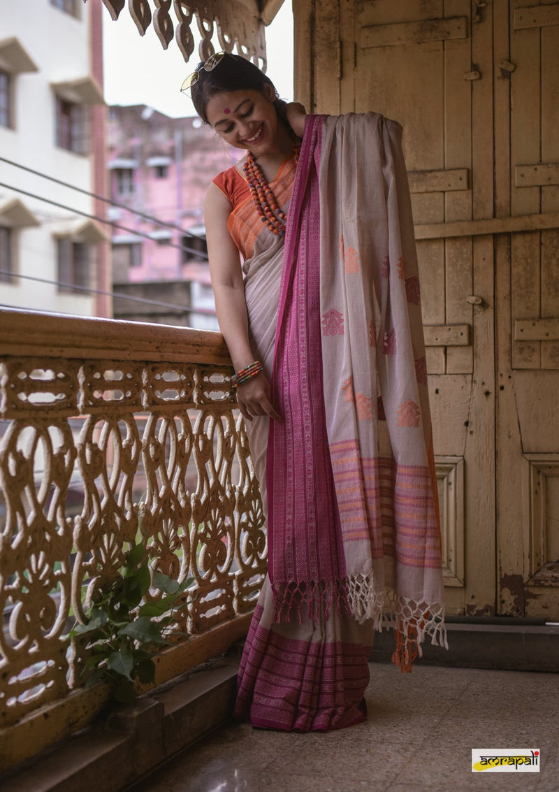 Handwoven Pure Mercerised Cotton with Manipuri Pattern Threadwork - Greige