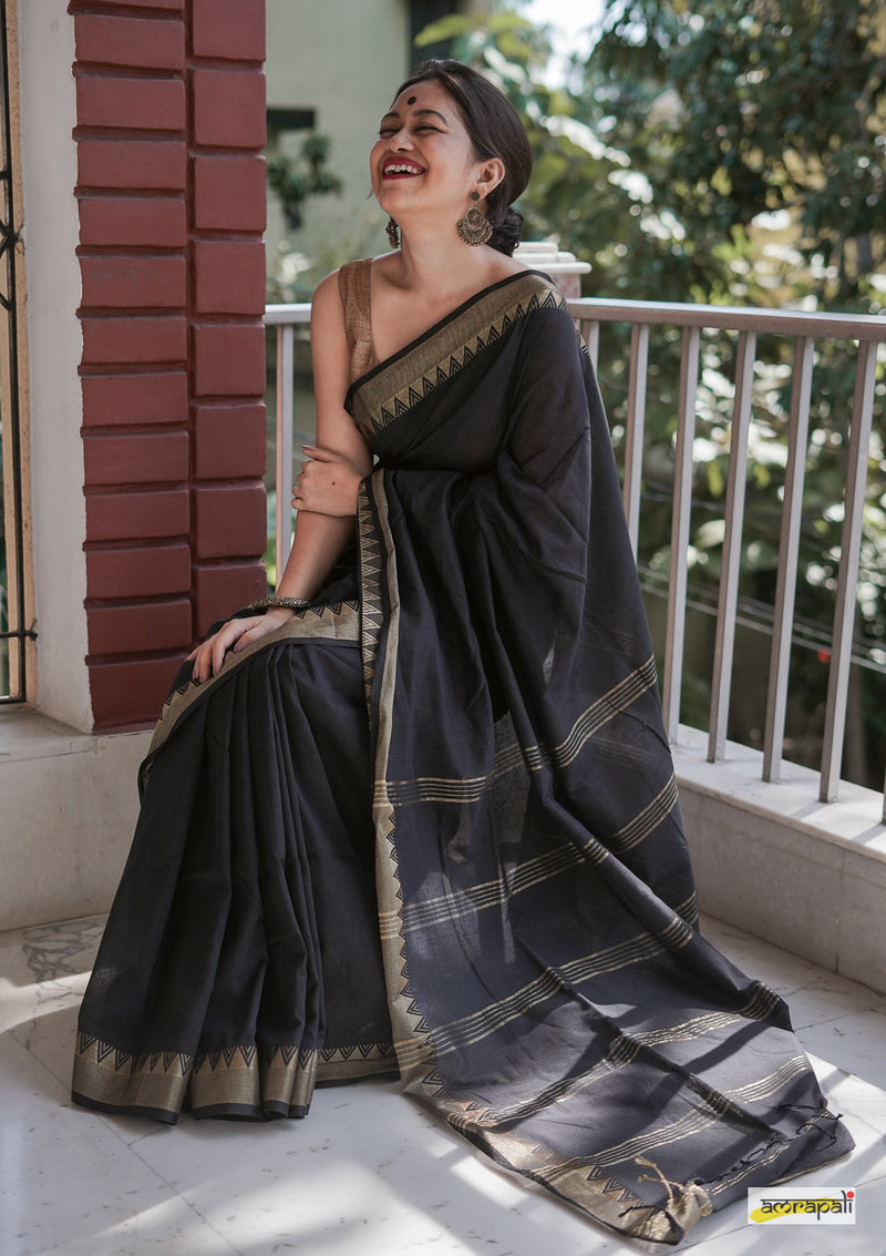 Bengal Handloom Designer Cotton Saree in Light Grey, Black and Teal –  Bengal Looms India