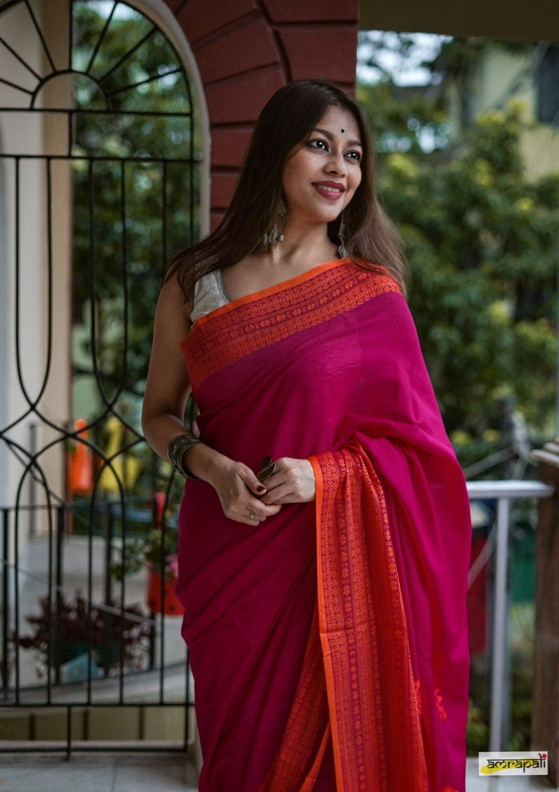 Handwoven Pure Mercerised Cotton with Manipuri Pattern Threadwork - Pink