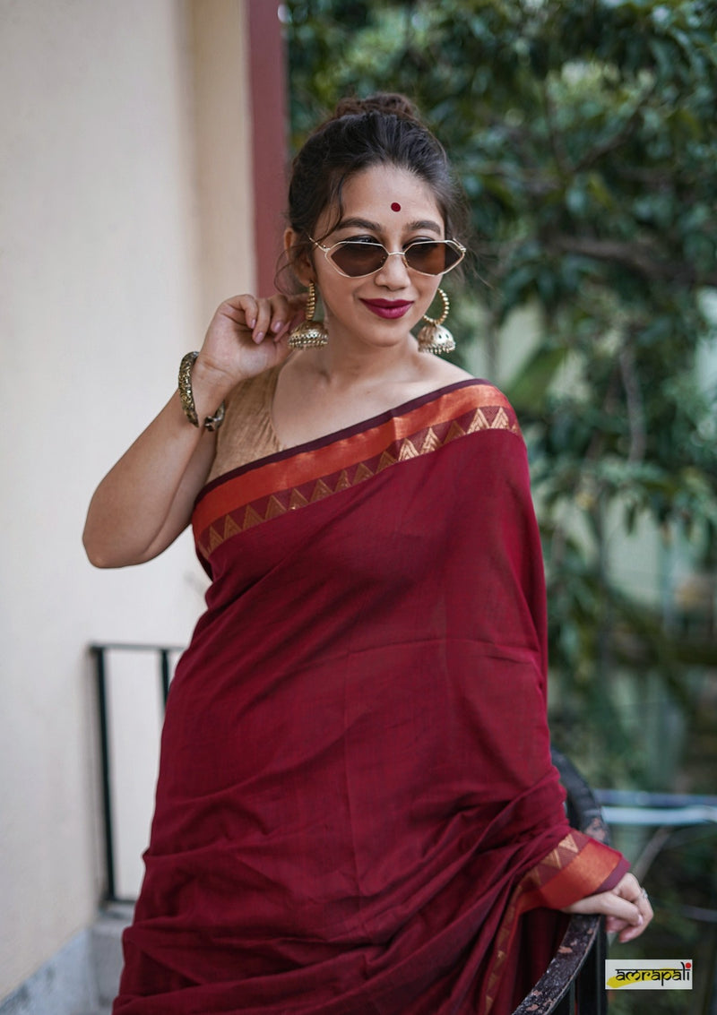 Maroon Cotton saree with Woven Gold Temple Border