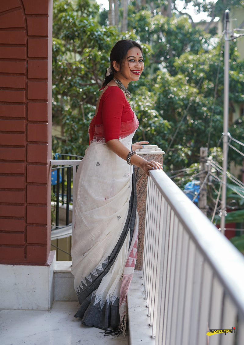 Pure Handloom Cotton Jamdani with Temple Border
