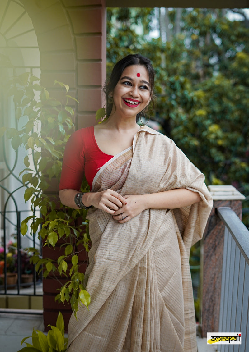 Pure Tussar with Gold Zari Pinstripes