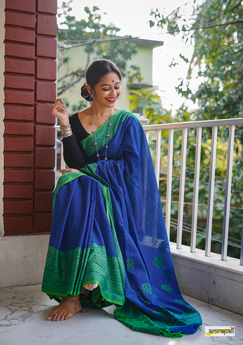 Handwoven Pure Mercerised Cotton with Manipuri Pattern Threadwork - Royal Blue