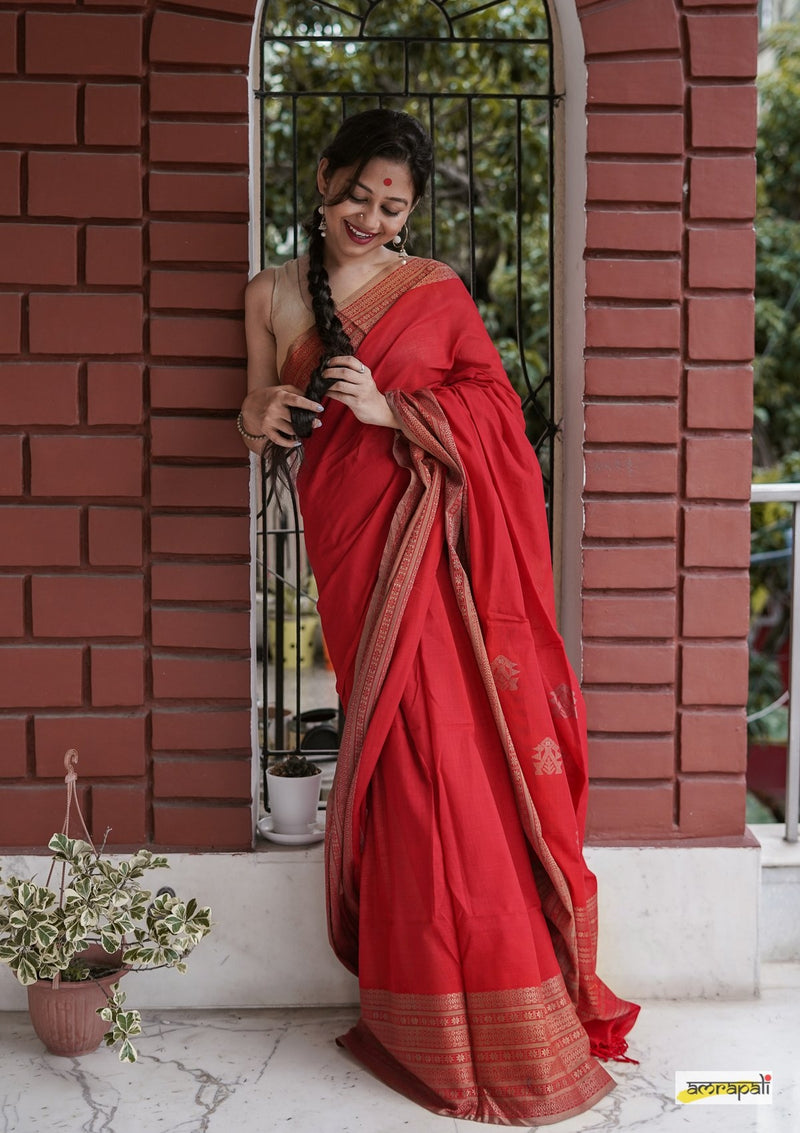 Handwoven Pure Mercerised Cotton with Manipuri Pattern Threadwork - Red
