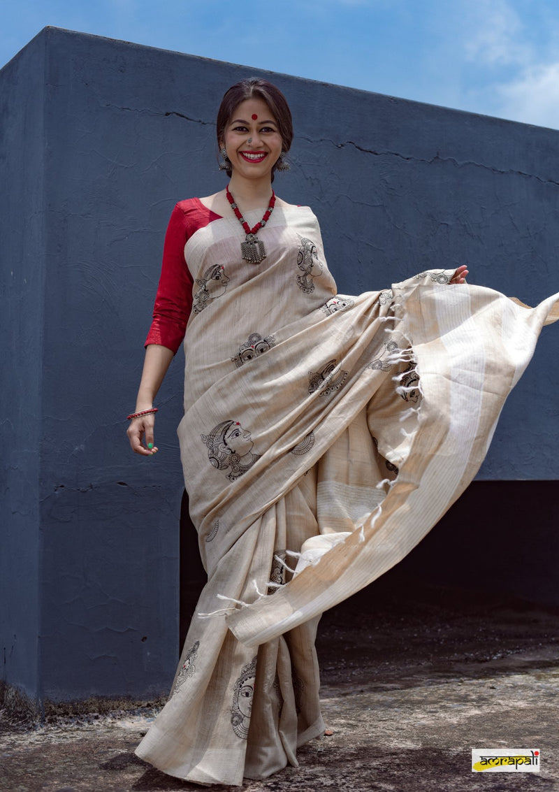 Handwoven Pure Tussar with Embroidered Kalamkari Face Motifs