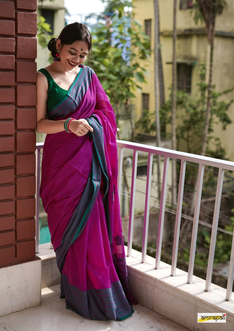 Handwoven Pure Mercerised Cotton with Manipuri Pattern Threadwork - Magenta