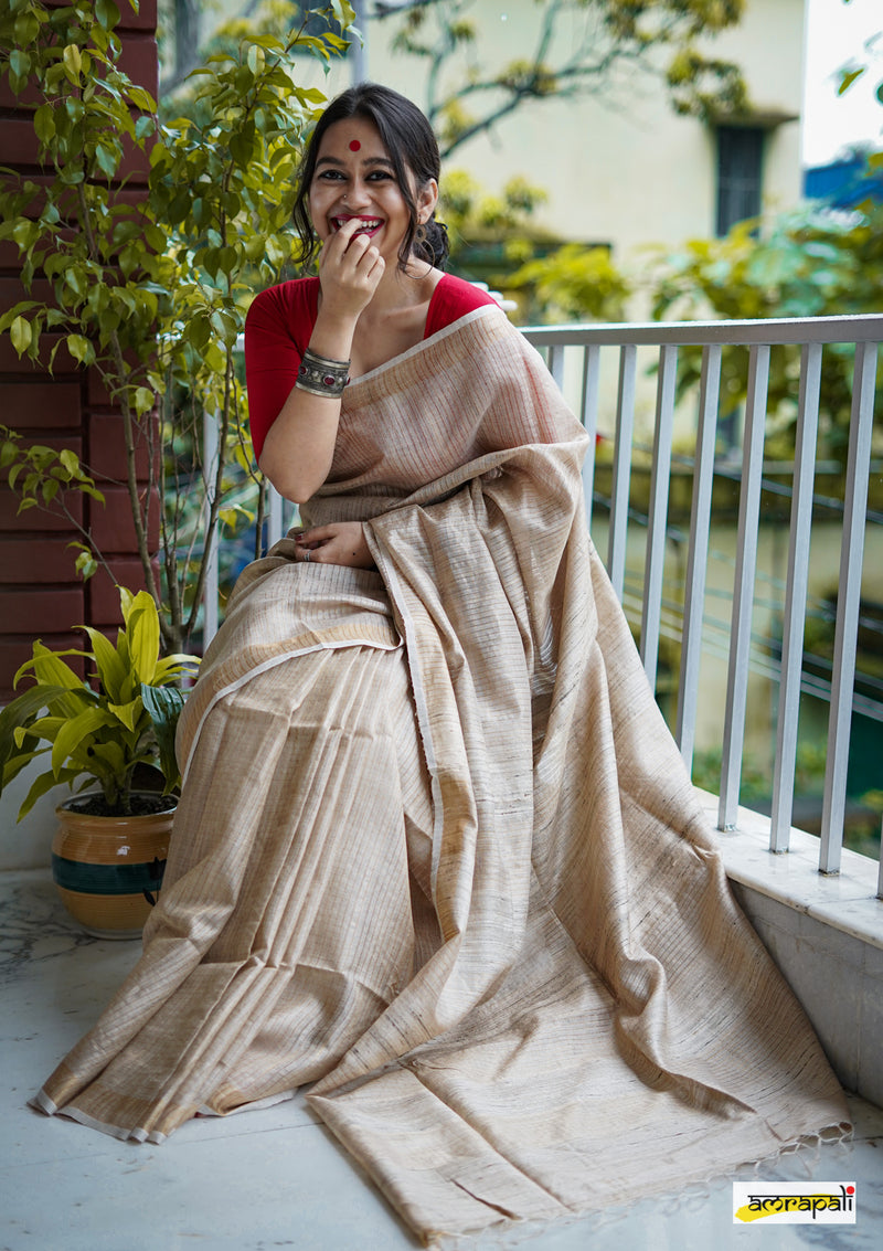 Pure Tussar with Gold Zari Pinstripes