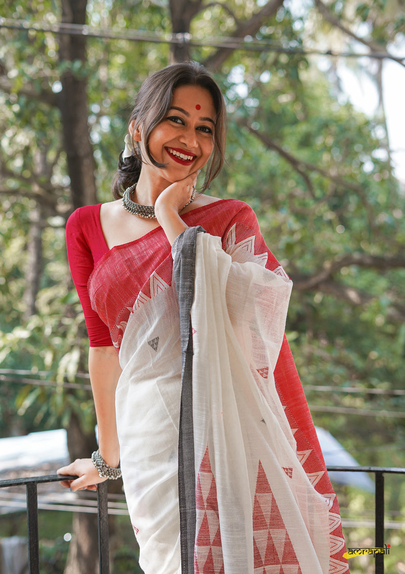 Pure Handloom Cotton Jamdani with Temple Border