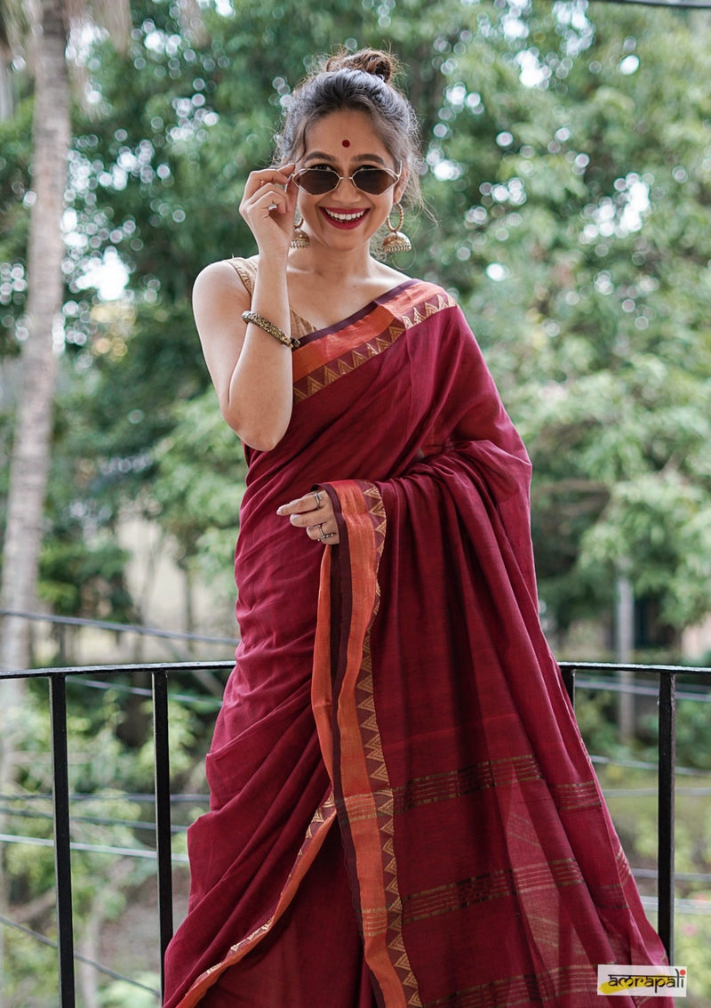 Maroon Cotton saree with Woven Gold Temple Border