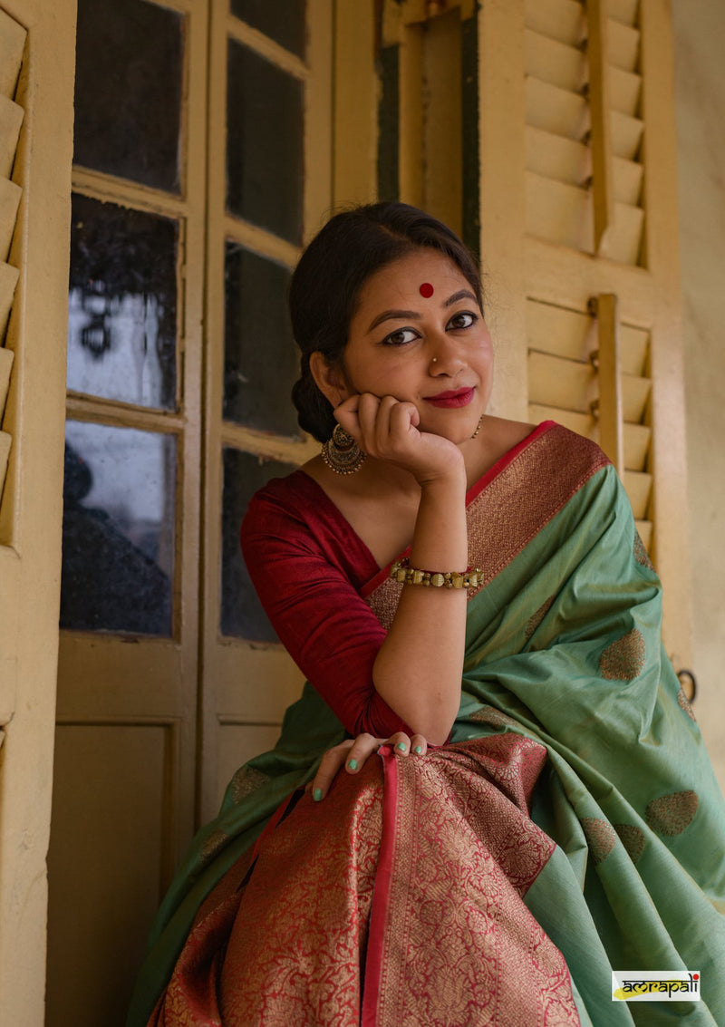Handwoven Sea-green Pure Tussar Benarasi