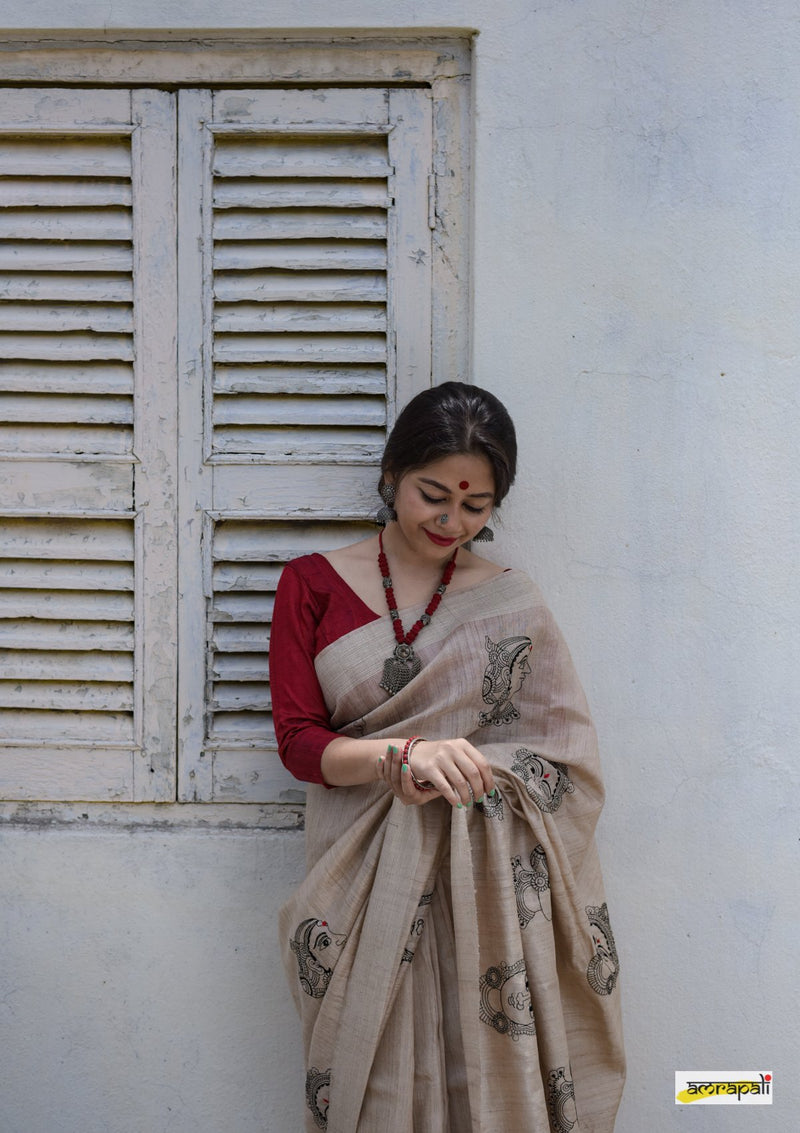 Handwoven Pure Tussar with Embroidered Kalamkari Face Motifs