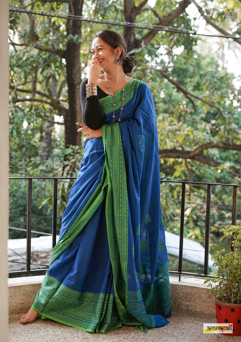 Handwoven Pure Mercerised Cotton with Manipuri Pattern Threadwork - Royal Blue