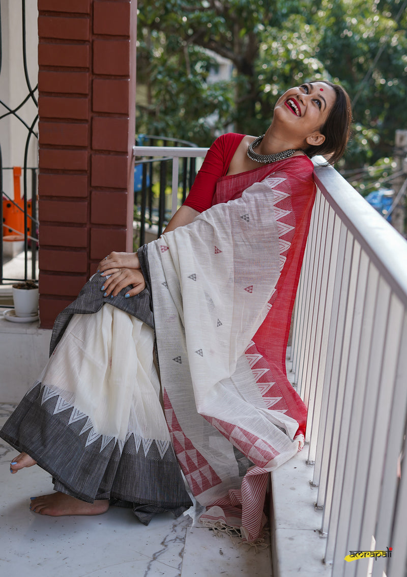 Pure Handloom Cotton Jamdani with Temple Border