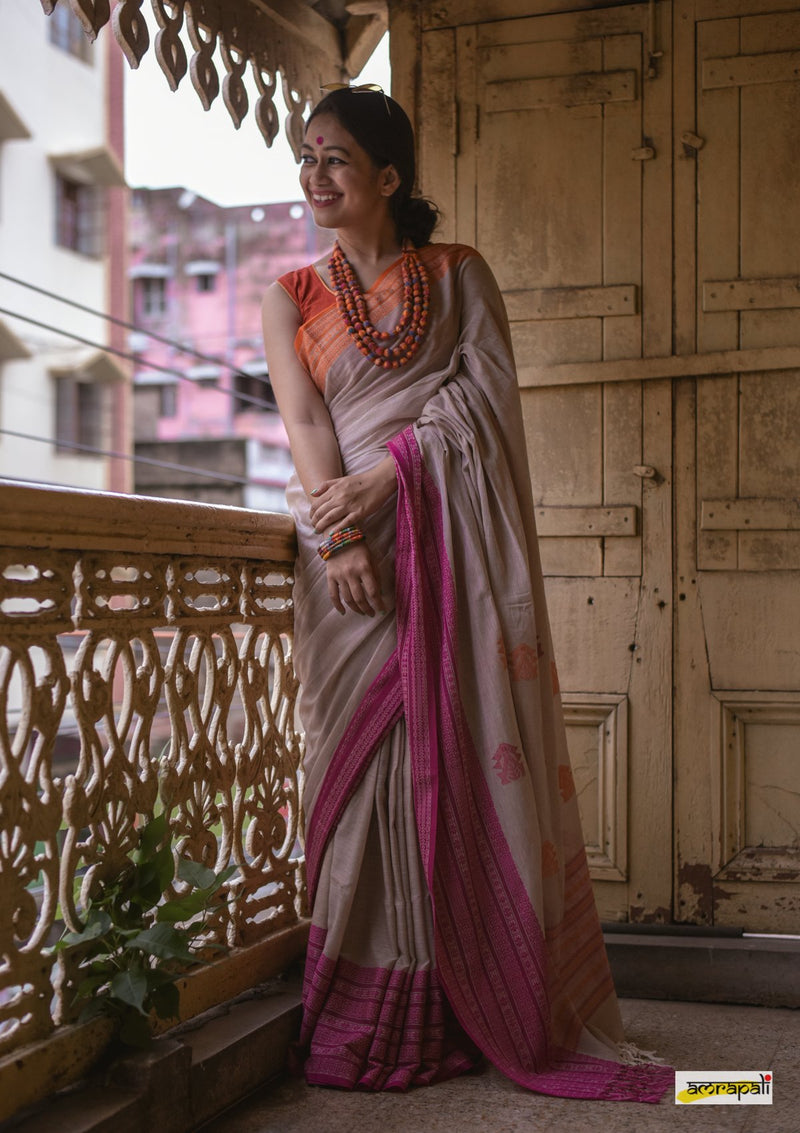 Handwoven Pure Mercerised Cotton with Manipuri Pattern Threadwork - Greige