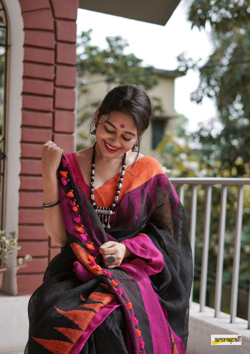 Handwoven Pure Linen with Temple Border and Leaf Motif