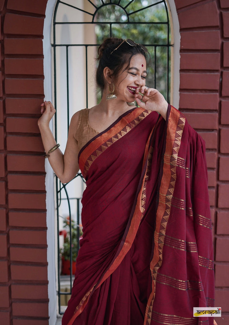 Maroon Cotton saree with Woven Gold Temple Border