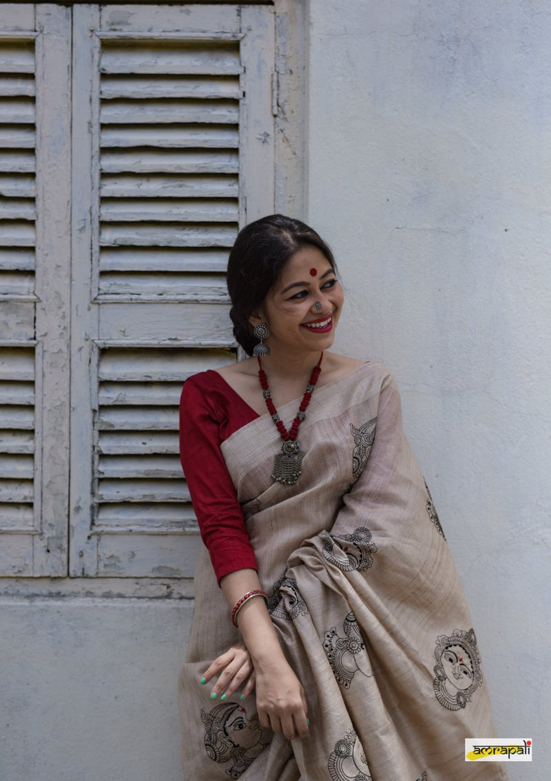 Handwoven Pure Tussar with Embroidered Kalamkari Face Motifs