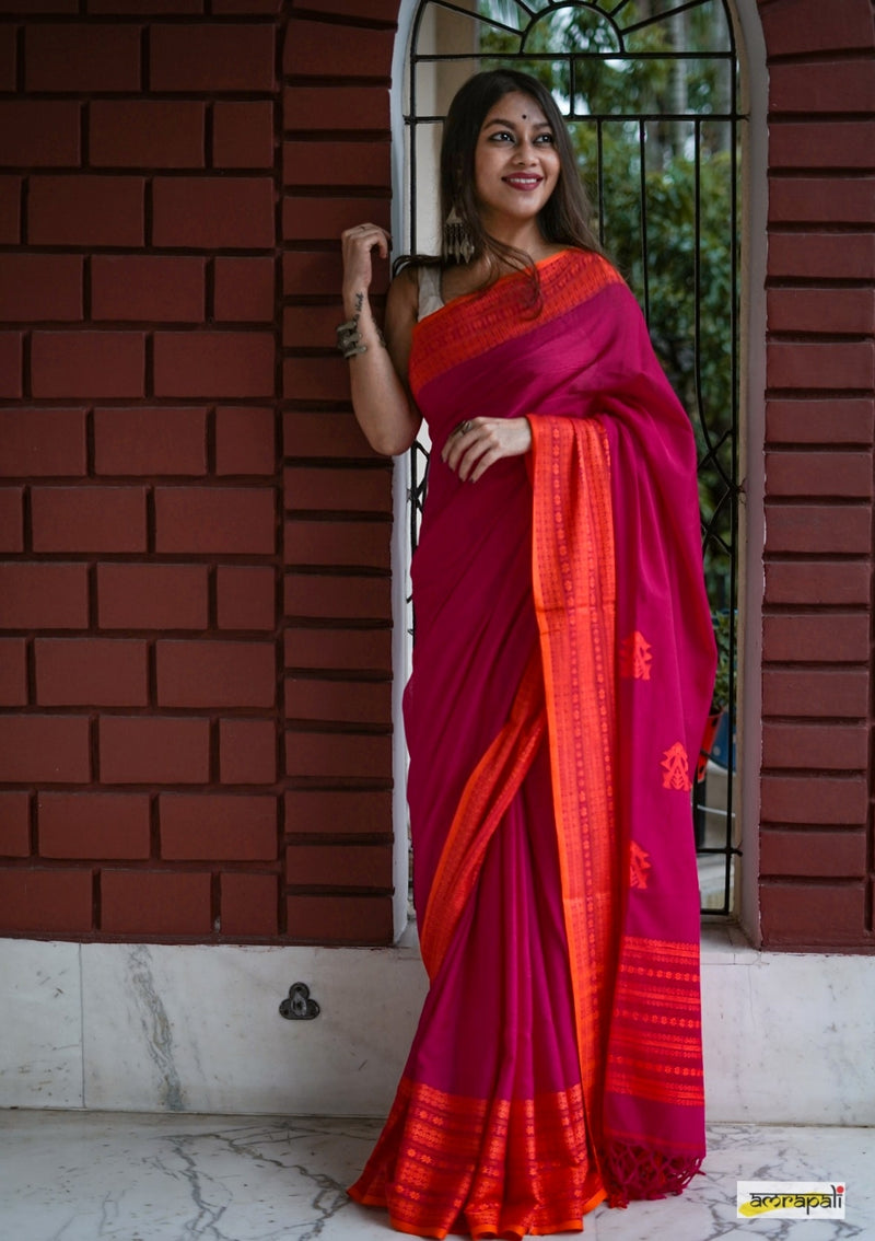 Handwoven Pure Mercerised Cotton with Manipuri Pattern Threadwork - Pink