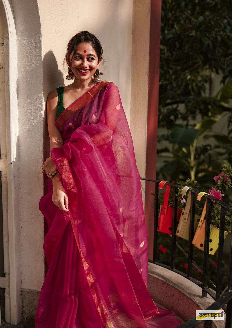 Pure Linen Cotton Resham with Zari Jamdani Accents - Pink