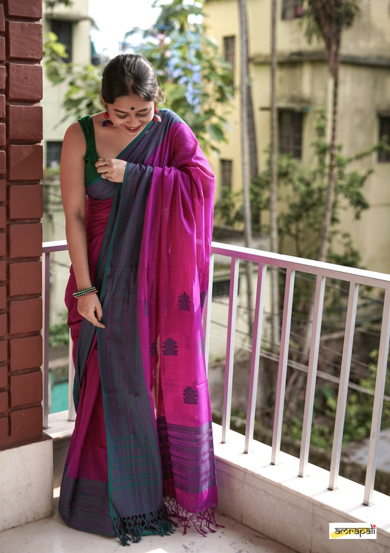 Handwoven Pure Mercerised Cotton with Manipuri Pattern Threadwork - Magenta