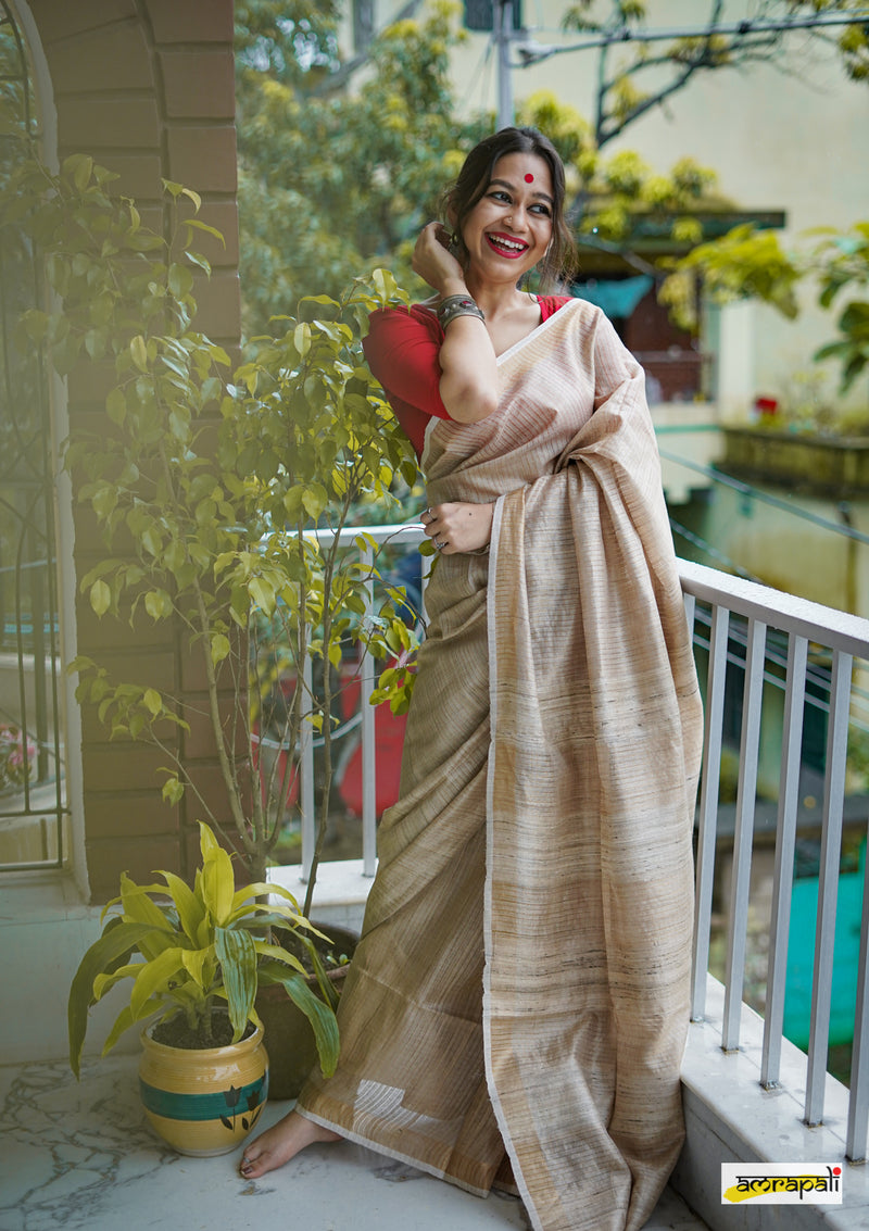 Pure Tussar with Gold Zari Pinstripes