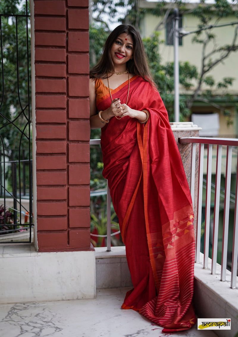 Handwoven Matka Tussar Jamdani with Spun Silk Palla