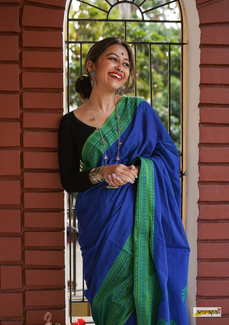 Handwoven Pure Mercerised Cotton with Manipuri Pattern Threadwork - Royal Blue