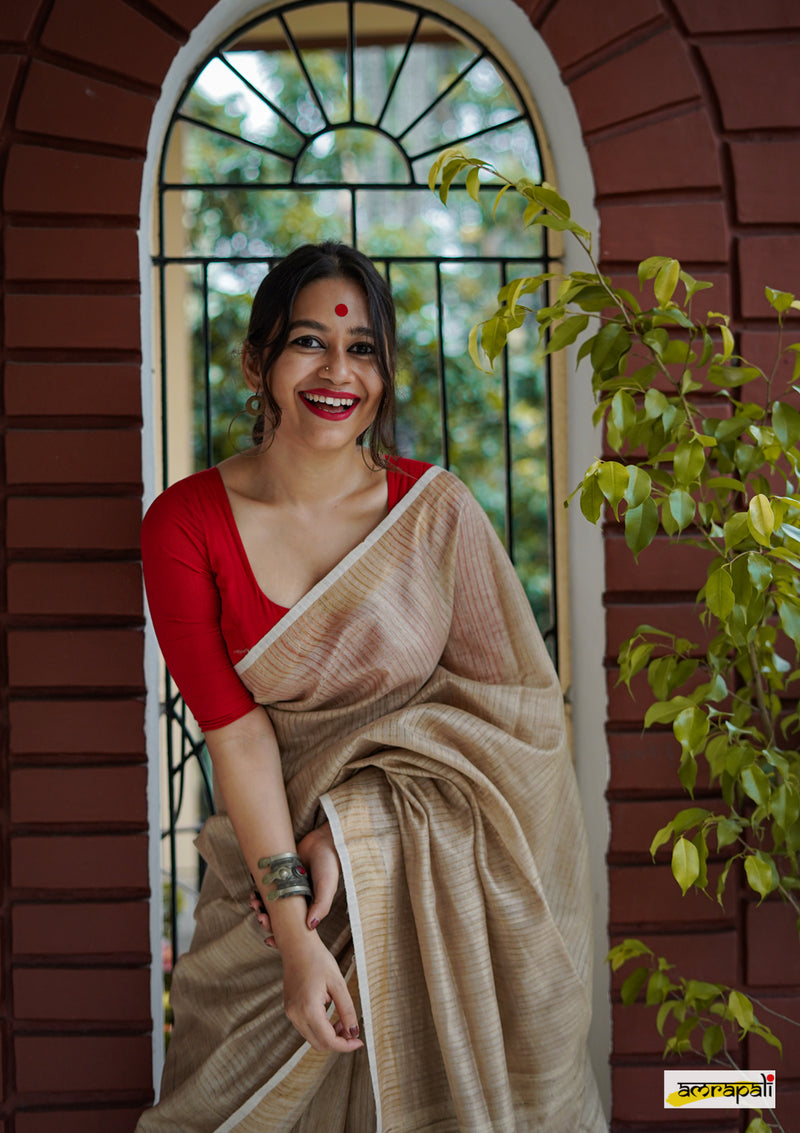 Pure Tussar with Gold Zari Pinstripes