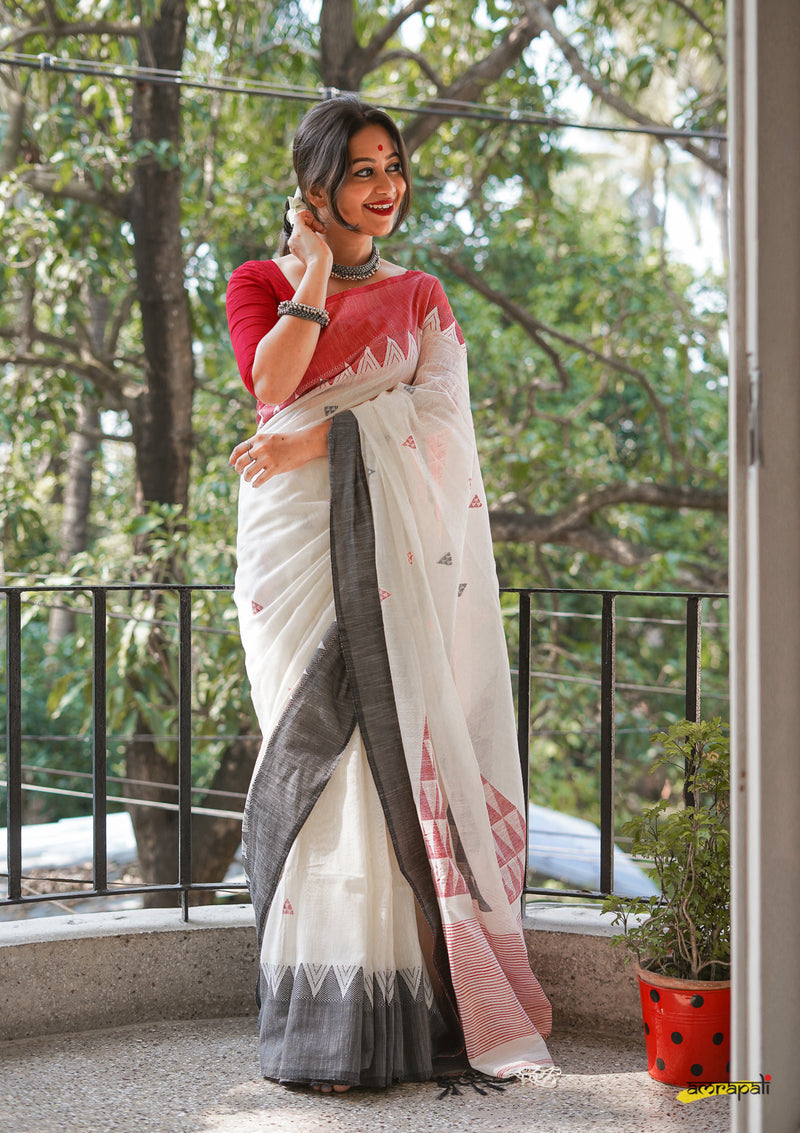 Pure Handloom Cotton Jamdani with Temple Border