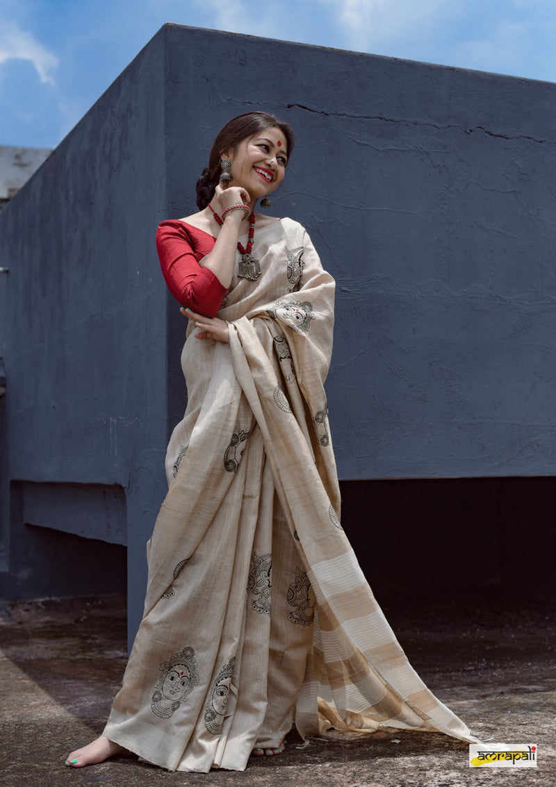 Handwoven Pure Tussar with Embroidered Kalamkari Face Motifs