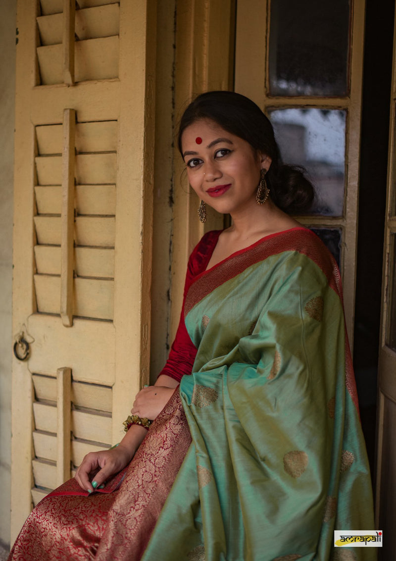 Handwoven Sea-green Pure Tussar Benarasi