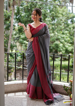 Handwoven Pure Mercerised Cotton with Manipuri Pattern Threadwork - Charcoal grey