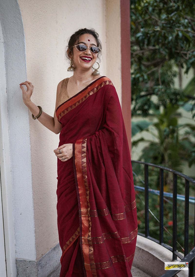 Maroon Cotton saree with Woven Gold Temple Border