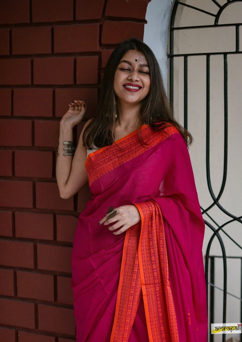 Handwoven Pure Mercerised Cotton with Manipuri Pattern Threadwork - Pink