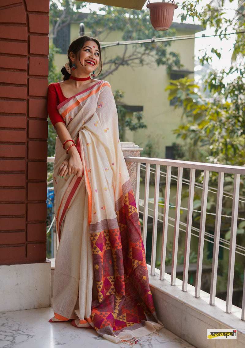 Pure Handwoven Tussar Noil Silk with Resham Threadwork