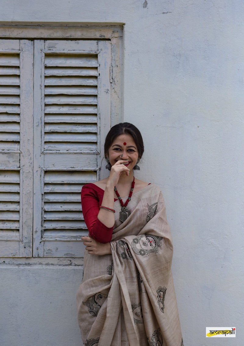 Handwoven Pure Tussar with Embroidered Kalamkari Face Motifs