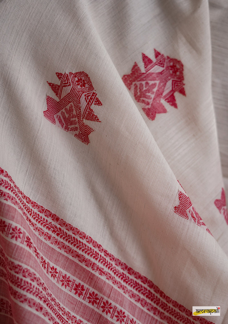 Handwoven Pure Mercerised Cotton with Manipuri Pattern Threadwork - White