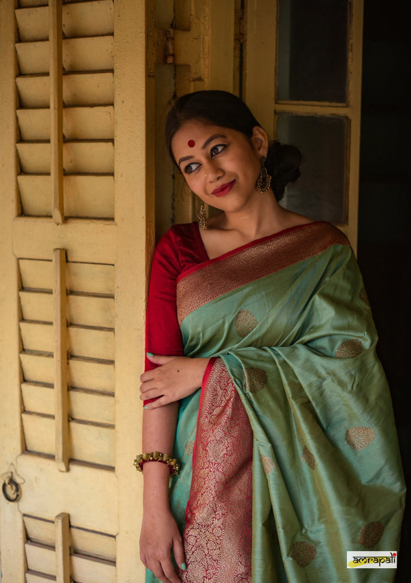 Handwoven Sea-green Pure Tussar Benarasi