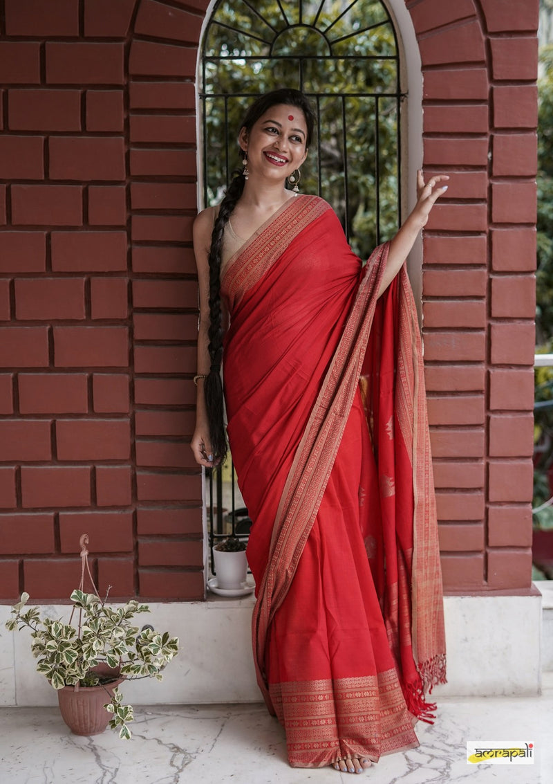 Handwoven Pure Mercerised Cotton with Manipuri Pattern Threadwork - Red