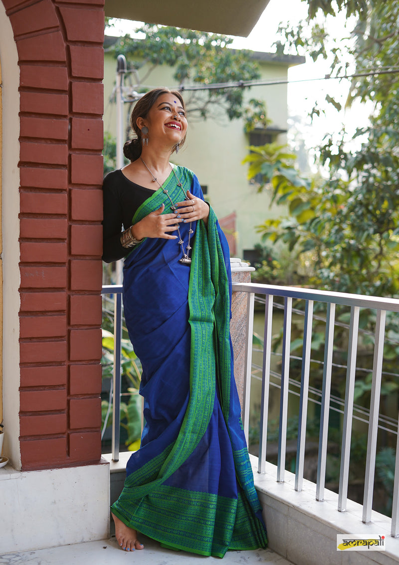 Handwoven Pure Mercerised Cotton with Manipuri Pattern Threadwork - Royal Blue