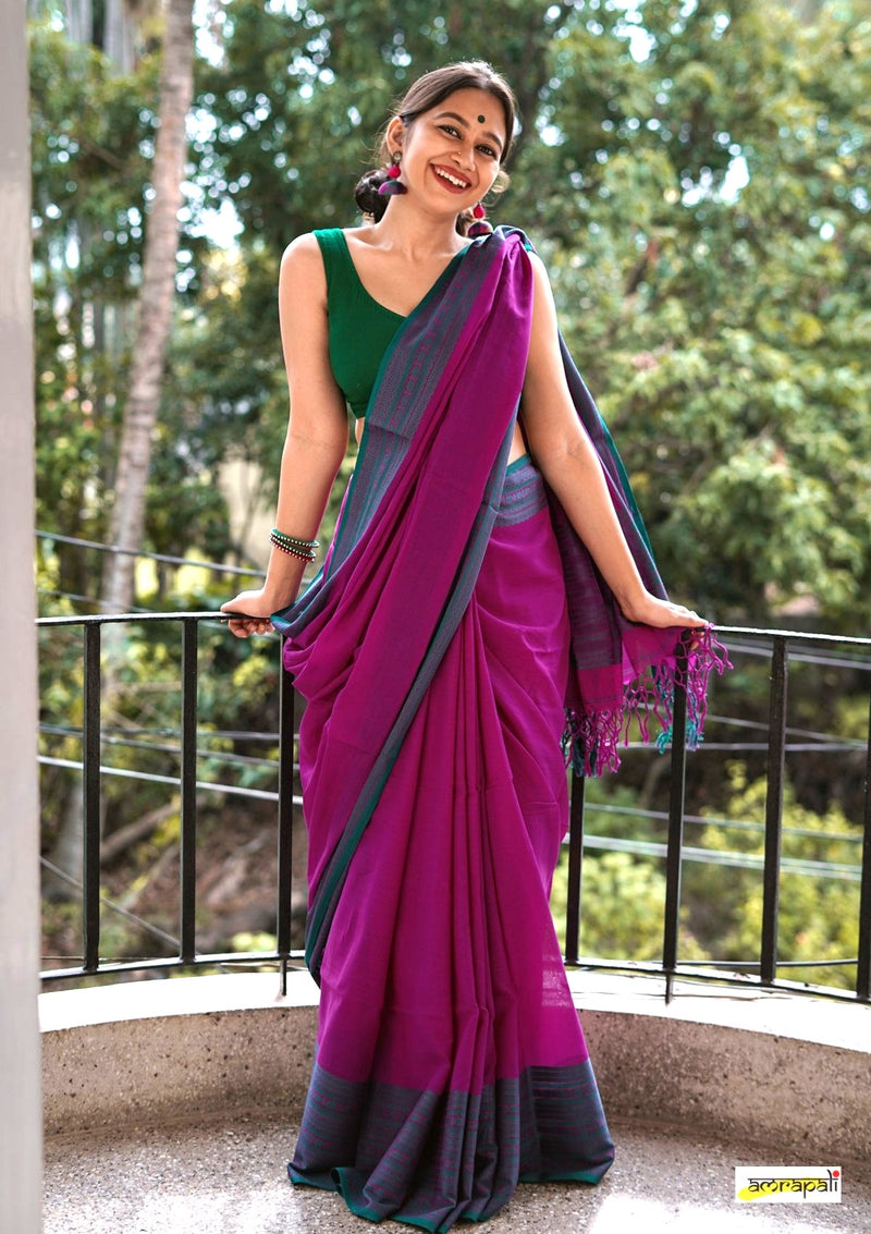 Handwoven Pure Mercerised Cotton with Manipuri Pattern Threadwork - Magenta