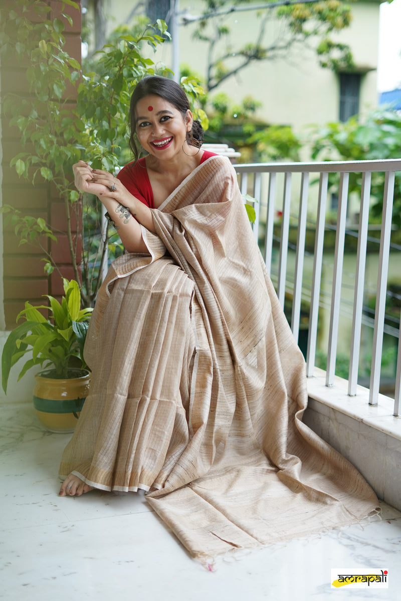 Pure Tussar with Gold Zari Pinstripes