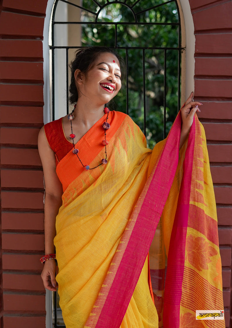 Handwoven Pure Linen with Temple Border and Leaf Motif