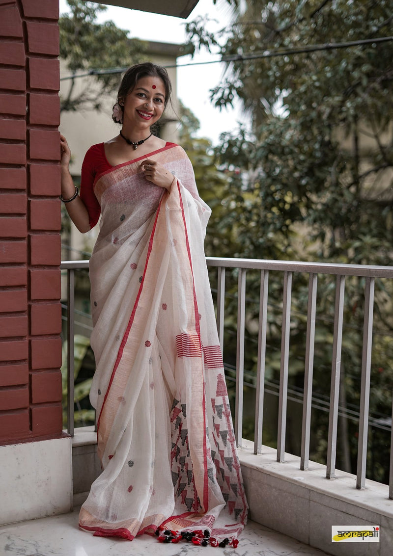 Pure Linen with Polka Buti and Tree Motif