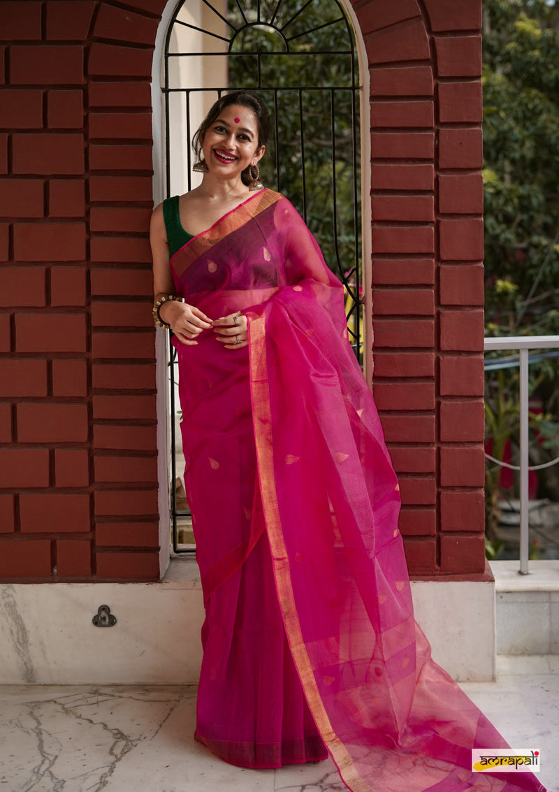 Pure Linen Cotton Resham with Zari Jamdani Accents - Pink